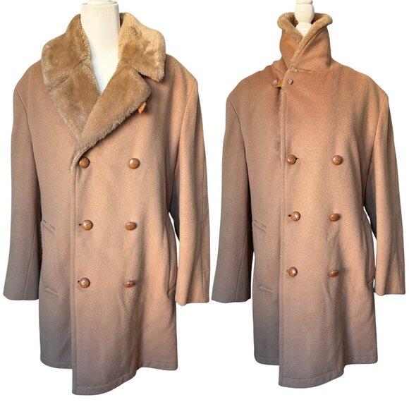 Mighty Mac Vintage Gabardine Wool Winter Jacket  Fur Lapel & Lining Overcoat - Picture 1 of 9